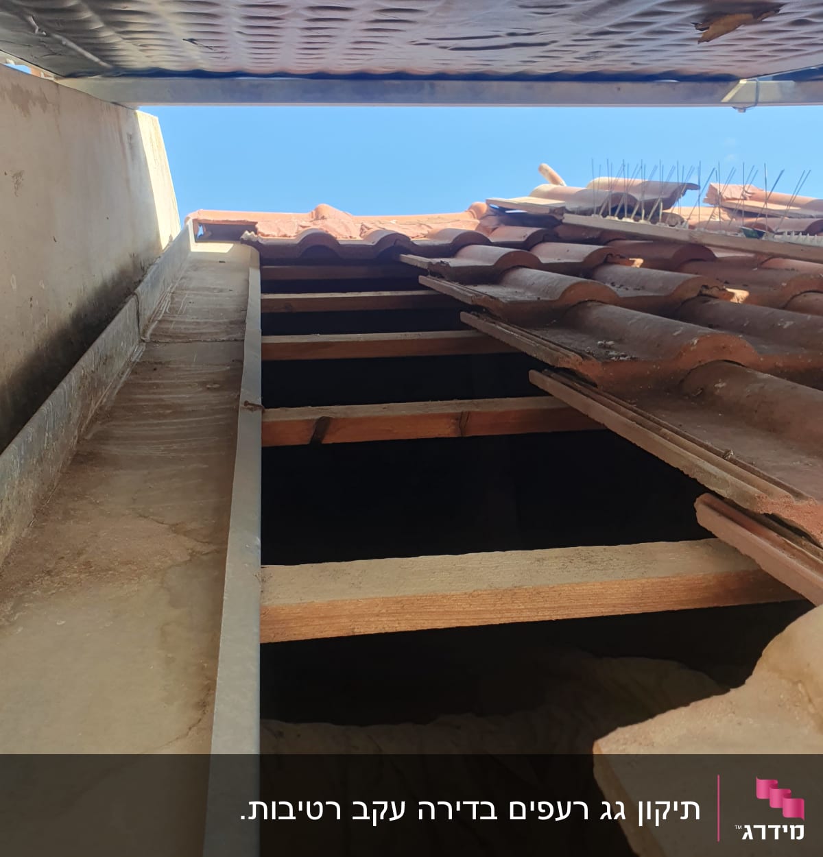 גג רעפים עם קורות עץ ותקרת מתכת